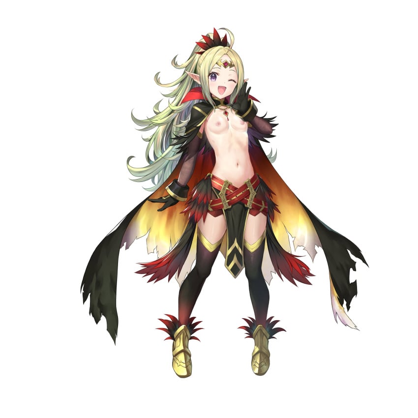 1girls absurdres ahoge alternate_costume bangs belt black_gloves blonde_hair blush cape commentary_request edit edited_official_artwork feather_trim feathers female_only fire_emblem fire_emblem_awakening fire_emblem_heroes flat_chest gloves gold_trim gradient gradient_clothes gradient_hair green_hair highres jewelry kousei_horiguchi long_hair looking_at_viewer midriff multicolored_hair multiple_belts navel nintendo nowi_(fire_emblem) nowi_(resplendent)_(fire_emblem) nude_filter official_alternate_costume official_art one_eye_closed open_mouth parted_bangs pelvic_curtain pointy_ears ponytail purple_eyes simple_background smile stomach tiara tied_hair tomthegenius64 white_background