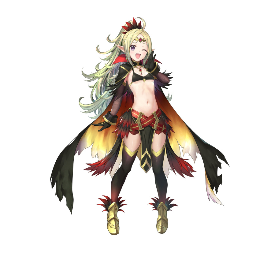 1girls absurdres ahoge alternate_costume bangs belt black_gloves blonde_hair blush cape commentary_request edit edited_official_artwork feather_trim feathers female_only fire_emblem fire_emblem_awakening fire_emblem_heroes flat_chest gloves gold_trim gradient gradient_clothes gradient_hair green_hair highres jewelry kousei_horiguchi long_hair looking_at_viewer midriff multicolored_hair multiple_belts navel nintendo nowi_(fire_emblem) nowi_(resplendent)_(fire_emblem) official_alternate_costume official_art one_eye_closed open_mouth parted_bangs pelvic_curtain pointy_ears ponytail purple_eyes simple_background smile stomach tiara tied_hair tomthegenius64 white_background