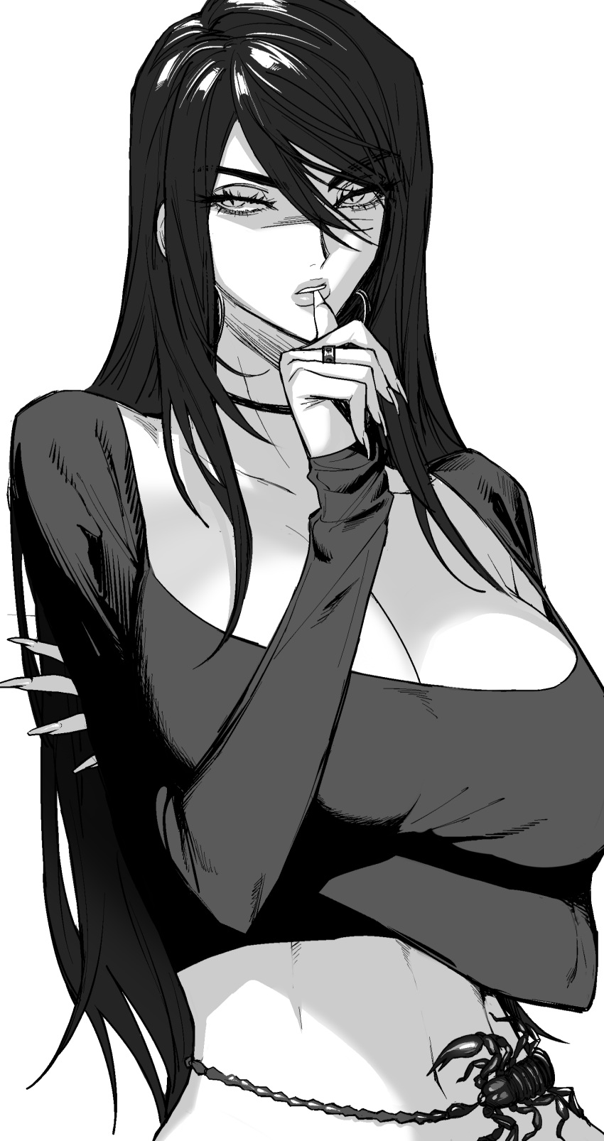 1girls arm_under_breasts big_breasts biting_finger black_and_white black_hair breasts cleavage clothed clothes clothing ennuigrl erato_(ennuigrl) female female_only fit fit_female huge_breasts human human_only humanoid large_breasts long_hair looking_away monochrome narrowed_eyes scorpion slit_pupils solo solo_female solo_focus upper_body very_high_resolution voluptuous white_background