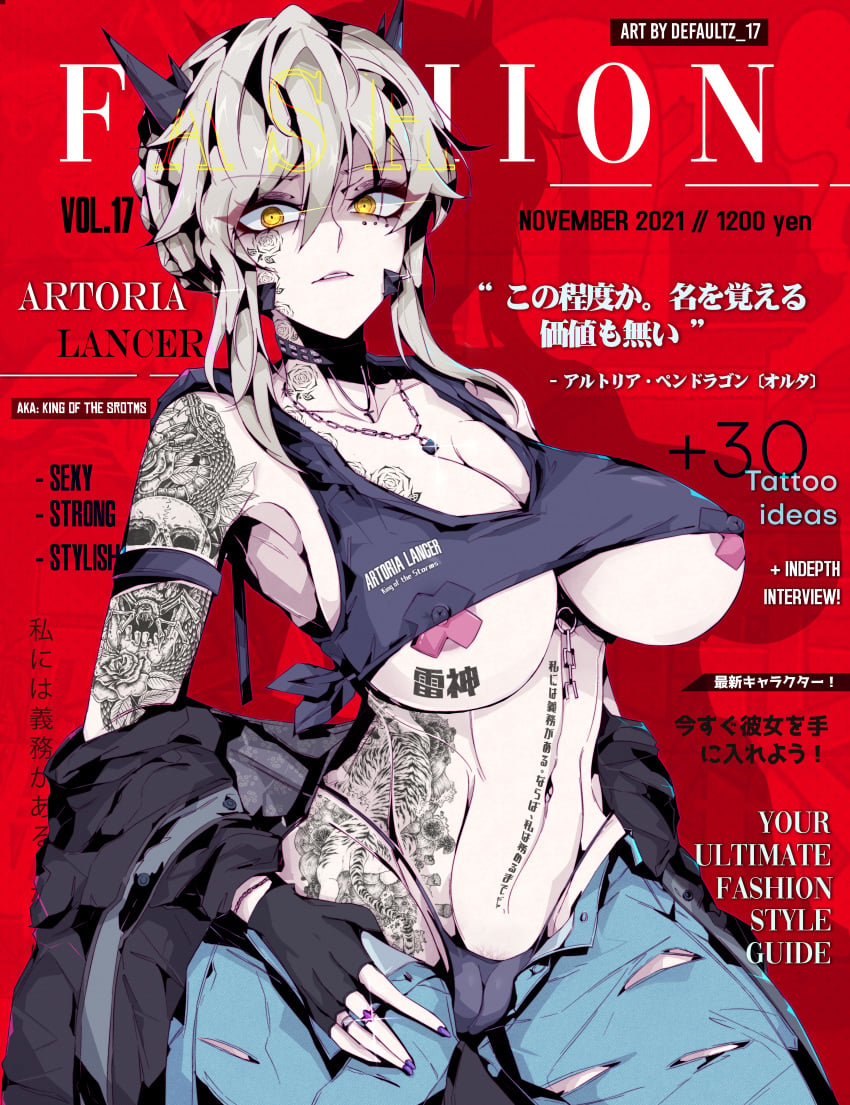 1girls areolae artoria_pendragon_(lancer_alter) breasts cameltoe cleavage defaultz_17 fate/grand_order fate_(series) female female_only g-string gloves human large_breasts nipple_tape nipples pasties purple_fingernails revealing_clothes ring ripped_jeans skimpy solo solo_female tattoo tattoos yellow_eyes