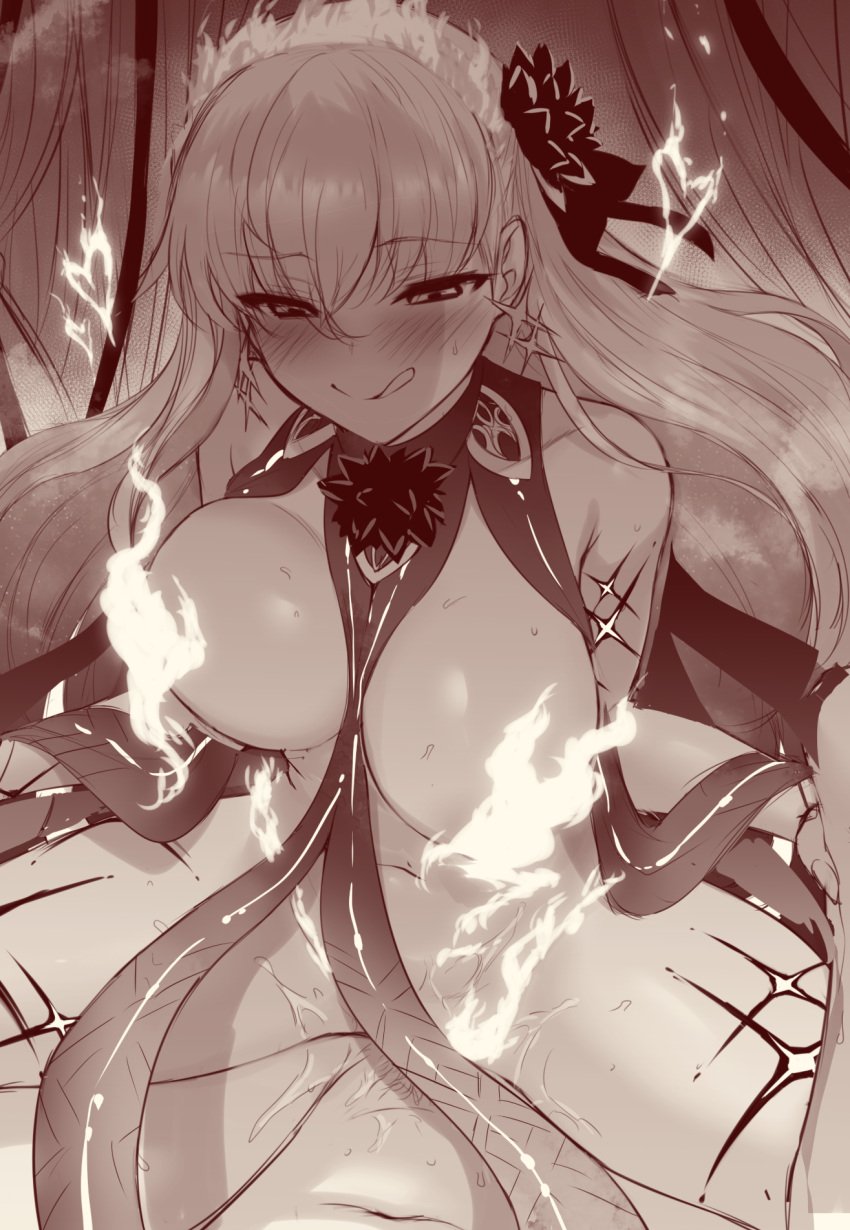 1boy :q amazon_position ankle_grab assertive_female bangs bare_shoulders blush body_markings breasts cowgirl_position earrings fate/grand_order fate_(series) female fire flower greyscale hair_flower hair_ornament highres holding_legs jewelry kama_(fate) kama_(swimsuit_avenger)_(fate) kama_(swimsuit_avenger)_(third_ascension)_(fate) large_breasts licking_lips long_hair lotus m-da_s-tarou monochrome navel revealing_clothes revision sex smile spread_legs star_(symbol) star_earrings straddling straight sweat thighs tongue tongue_out vaginal_penetration