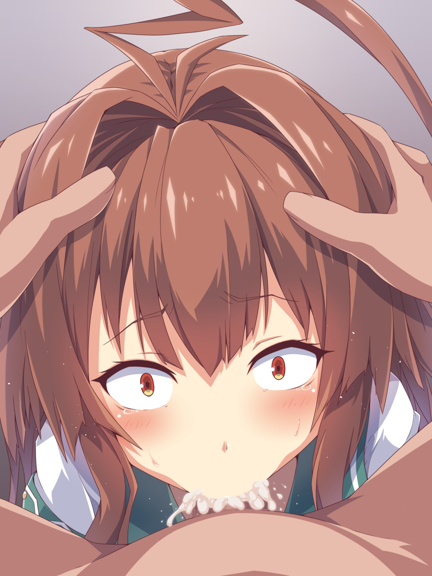 1boy :>= absurdres ahoge blush brown_eyes brown_hair censored cum dark-skinned_male dark_skin eyebrows_visible_through_hair fellatio female hair_between_eyes highres huge_ahoge kantai_collection koumei_(twinameless) kuma_(kantai_collection) long_hair mosaic_censoring oral penis remodel_(kantai_collection) school_uniform serafuku short_sleeves solo_focus straight