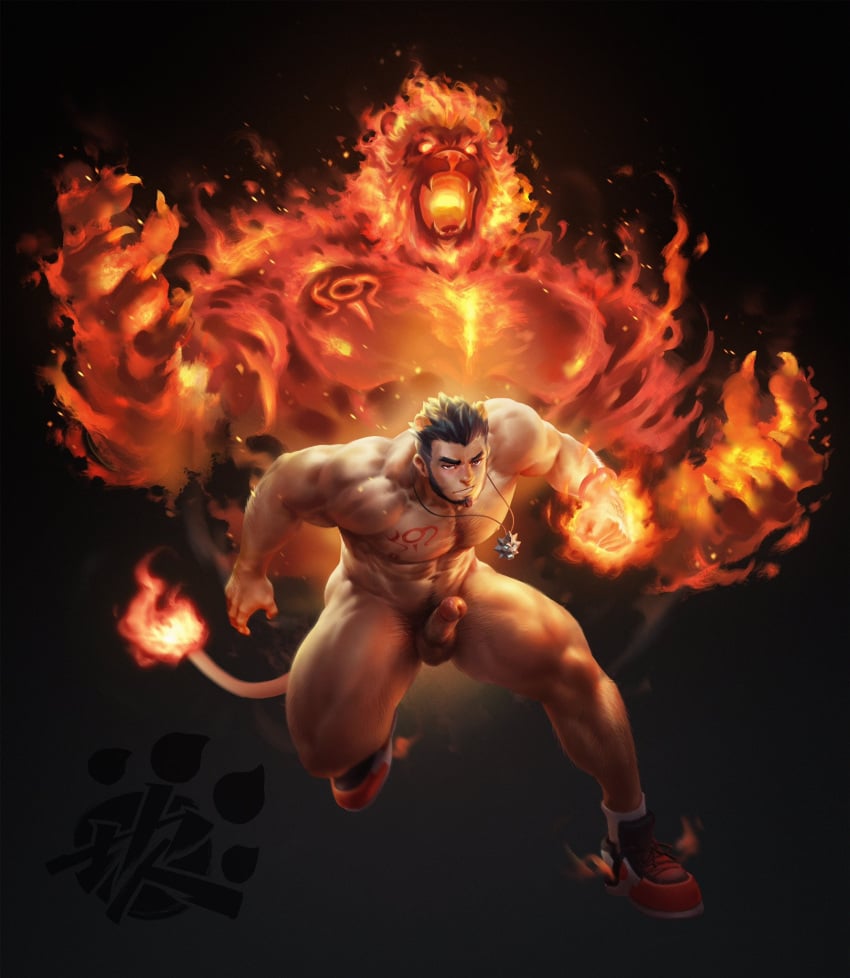 1boy 6suan abs alca animal_ears bara beard black_hair chest_tattoo commission completely_nude erection excessive_pubic_hair facial_hair fight_boner fighting_stance flaming_hand full_body gyee highres jewelry jockstrap large_pectorals lion_boy lion_ears lion_tail looking_at_viewer male male_focus male_only male_pubic_hair male_underwear mature_male muscular muscular_male navel navel_hair necklace nipples no_pants nude original pectorals pubic_hair red_eyes running shoes short_hair sneakers solo_focus spirit stomach tail tattoo thick_eyebrows thick_thighs thighs uncensored underwear