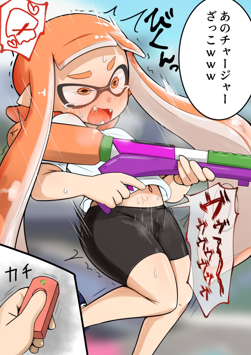 animal_humanoid anthro bangs bike_shorts blue_footwear blunt_bangs blurry blurry_background blush cephalopod cephalopod_humanoid commentary_request constricted_pupils controller disembodied_limb embarrassed fangs female flat_chest heart highres holding holding_remote_control holding_weapon humanoid inkling inkling_girl kaori_(splatoon) knees_together_feet_apart leg_up long_hair mask_(marking) midriff_peek navel nintendo nose_blush open_mouth orange_eyes orange_hair pointy_ears pseudo_hair remote_control remote_control_vibrator roruri sex_toy shiny shiny_clothes shiny_hair shiny_skin shirt shoes short_sleeves sidelocks skindentation solo_focus speech_bubble splatoon splatoon_(series) splattershot_(splatoon) squid standing standing_on_one_leg steam steaming_body suction_cups surprised sweat talking tears tentacle tentacle_hair translation_request trembling twintails very_long_hair vibrator vibrator_under_clothes wavy_mouth weapon white_shirt wide-eyed