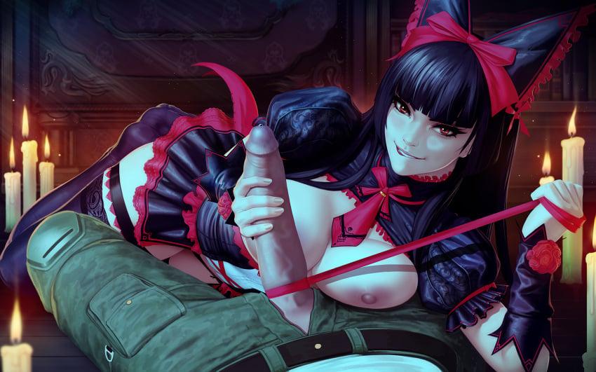 bangs belt biting biting_lip black_hair blunt_bangs blush bow breasts camouflage camouflage_pants candle commentary english_commentary female fire gate_-_jieitai_ka_no_chi_nite_kaku_tatakaeri highres indoors itami_youji large_breasts large_penis long_hair looking_at_viewer lying microskirt nipples on_back orgasm_denial panties pants penis pov precum red_eyes ribbon rory_mercury short_sleeves skirt straight teeth themaestronoob thigh_strap thighhighs underwear