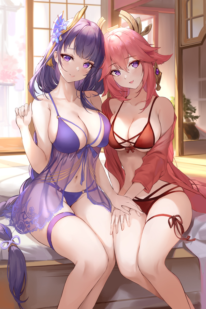 2girls bangs bare_shoulders bedroom bikini blue_flower blush braid braided_ponytail breasts cleavage duo duo_focus eyebrows_visible_through_hair feet_out_of_frame flower genshin_impact hair_between_eyes hair_flower hair_ornament hand_on_another's_thigh hand_on_hand hand_on_own_thigh hand_up highres large_breasts legs_together long_hair long_sleeves looking_at_viewer mole mole_under_eye multiple_girls navel off_shoulder on_bed open_clothes parted_lips pdxen pink_hair plant purple_bikini purple_eyes purple_hair raiden_shogun raised_eyebrows red_bikini see-through see-through_silhouette shouji sitting sliding_doors smile swimsuit symbol-only_commentary thigh_strap thighs very_long_hair vision_(genshin_impact) yae_miko