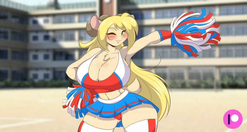 1girls 2019 amanda_(mastergodai) anthro blonde_hair blush bovine breasts cheerleader cheerleader_uniform cleavage female female_only furry goat huge_breasts long_hair looking_at_viewer mastergodai pom_poms rascals solo tan_fur thick_thighs voluptuous wide_hips wink