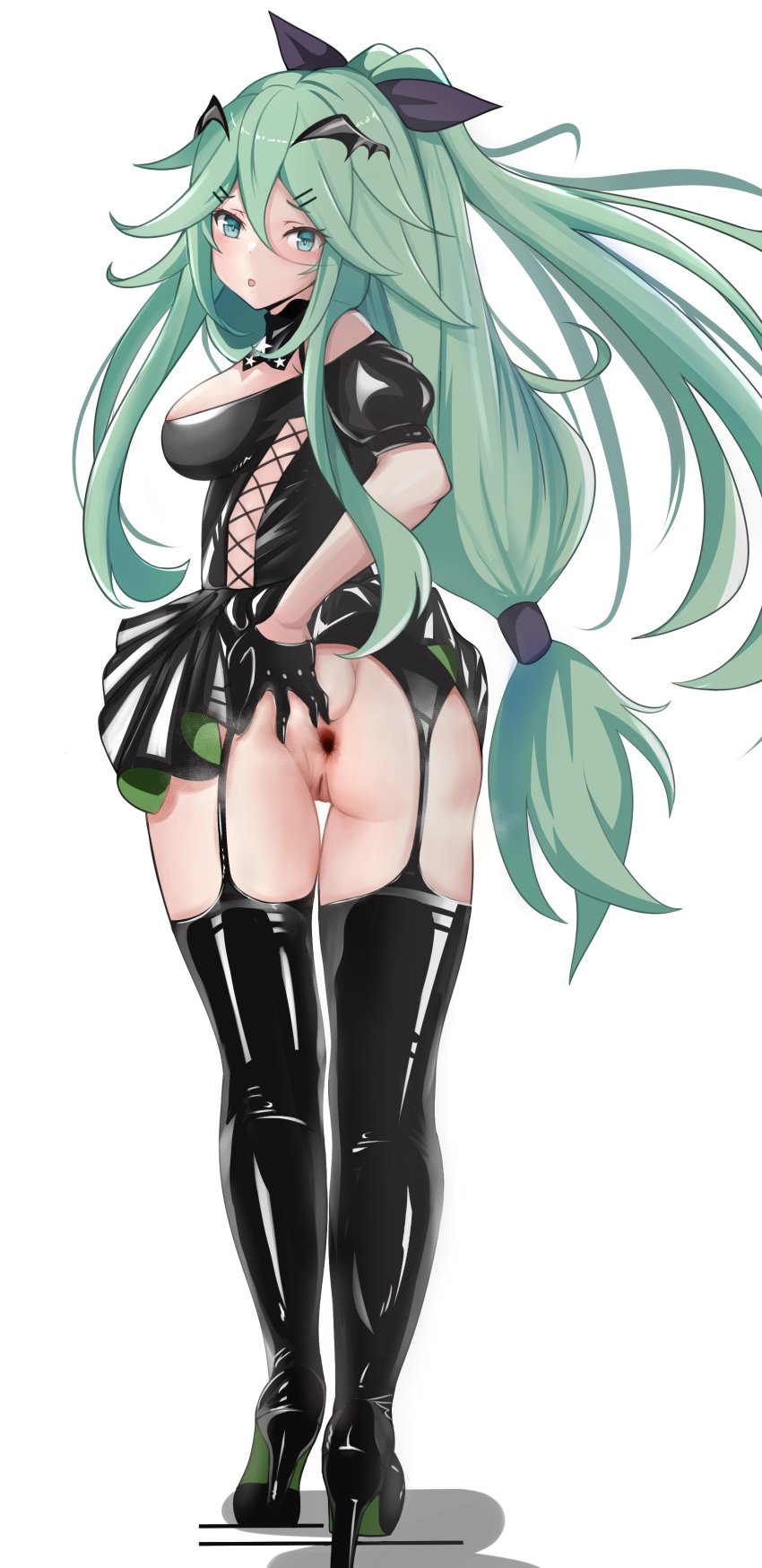 absurdres alternate_costume alternate_hairstyle anus ass ass_grab bajitohfu bangs black_dress black_footwear black_legwear boots breasts cosplay dress female from_behind gaping garter_straps gloves green_eyes green_hair hair_between_eyes hair_flaps hair_ornament hair_ribbon hairclip halloween halloween_costume highres johnston_(kantai_collection) johnston_(kantai_collection)_(cosplay) kantai_collection latex latex_boots latex_dress long_hair looking_at_viewer looking_back medium_breasts off_shoulder parted_bangs ponytail ribbon shiny shiny_clothes sidelocks single_glove solo spread_anus spread_ass standing thigh_boots thighhighs uncensored vampire_costume yamakaze_(kantai_collection)