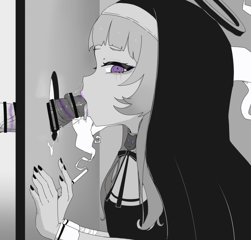 1boy 1girls black_nails breasts censored cigarette confessional deepthroat_mark drooling eyeshadow fellatio glory_hole greyscale habit hololive hololive_gen_2 hololive_japan lipstick lipstick_mark lipstick_on_penis long_hair looking_at_viewer makeup monochrome monushi murasaki_shion nail_polish nun oral penis purple_eyes purple_lipstick saliva_trail silver_hair small_breasts smoking teenager tongue tongue_out virtual_youtuber young