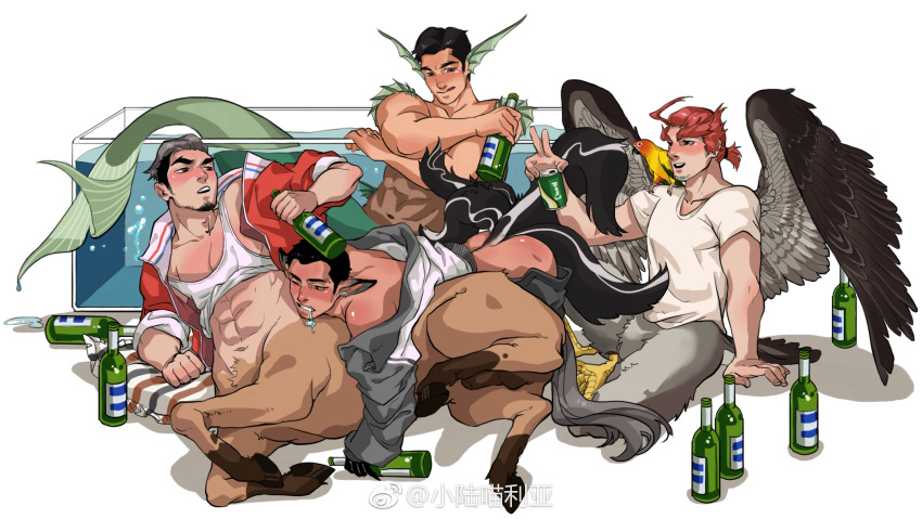 4boys abs animal_ear_request animal_on_shoulder ass bara beer_bottle bird bird_on_shoulder blush bottle bottomless centaur completely_nude drooling drunk facial_hair feathered_wings fins full_body goatee grey_hair hair_slicked_back harpy_boy head_fins highres holding holding_bottle horse_boy horse_penis horse_tail implied_anal implied_sex interspecies jacket lying lying_on_person male_focus male_only mature_male merman midriff_peek monster_boy multiple_boys multiple_tails muscular muscular_male navel navel_hair nipples nude on_side open_clothes open_jacket orange_hair original partially_submerged pectoral_cleavage pectorals penis short_hair sideburns sidepec stomach tail tail_raised talons tank_top taur tied_hair uncensored white_tank_top wings xiaolumiaoliya yaoi