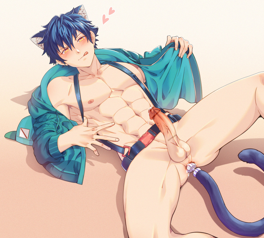 1boy :q abs anal anal_object_insertion anal_tail animal_ears anus aqua_coat aqua_headwear bar_censor belt blue_eyes blush bottomless cat_ears censored clip ensemble_stars! fake_tail gradient gradient_background heart highres jun_sazanami male_focus male_only muscular neko_punch object_insertion penis pointless_censoring sex_toy solo suspenders tail testicles tongue tongue_out transparent_censoring veins veiny_penis yellow_eyes