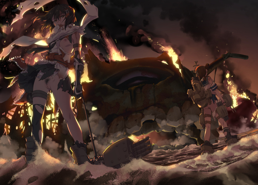 2girls ass black_legwear blood breasts brown_hair censored commentary_request destruction female_pubic_hair fire from_behind injury kantai_collection looking_at_viewer medium_breasts mosaic_censoring multiple_girls nipples pubic_hair pussy red_eyes scarf sendai_(kantai_collection) shirayuki_(kantai_collection) short_hair small_breasts standing takemura_sessyu thighhighs torn_clothes torn_legwear torn_scarf white_scarf