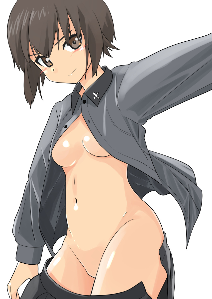 absurdres bangs black_skirt breasts brown_eyes brown_hair closed_mouth clothes_pull commentary cowboy_shot dress_shirt female female girls_und_panzer grey_shirt groin haida_katsuretsu highres insignia kuromorimine_school_uniform light_blush long_sleeves looking_at_viewer navel nishizumi_maho no_bra no_panties no_pussy open_clothes open_skirt pleated_skirt pulled_by_self school_uniform shirt short_hair simple_background skirt skirt_pull small_breasts smile solo standing white_background wing_collar