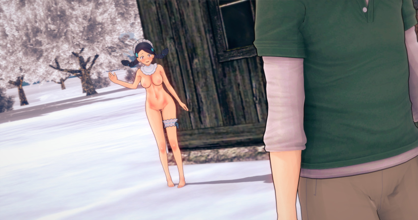 1boy 1girls 3d barefoot black_hair blush breasts candice_(pokemon) embarrassed embarrassed_nude_female faceless_male female full_body functionally_nude heart-shaped_pubic_hair human koikatsu maid maid_headdress maid_uniform naked nintendo nipples nude nude_female outdoors outside partially_clothed pokemon pokemon_dppt poly_(artist) pubes pubic_hair public_nudity smile smiling snow twintails waving