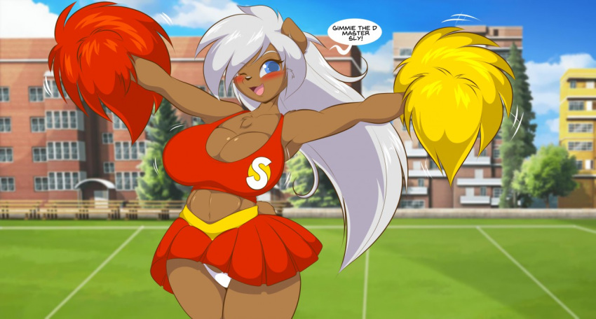 1girls 2019 anthro bear blue_eyes breasts brown_fur cheerleader cheerleader_uniform cleavage female female_only furry huge_breasts looking_at_viewer mastergodai naomi_(mastergodai) panties pom_poms rascals solo speech_bubble text ursid white_hair wink