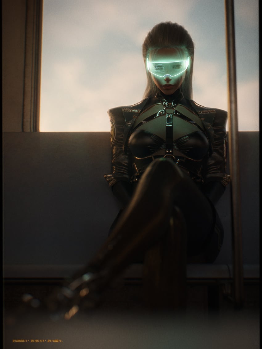 1girls 3d cyberpunk depth_of_field female female_only front_view glowing_visor holographic_visor indoors looking_at_viewer medium_breasts pinup sci-fi science_fiction seated shoelac3 sitting slushe_(website) solo straps tagme train_interior window