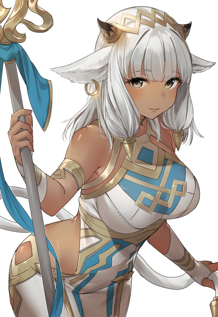 1girls animal_ears ash_(fire_emblem) bare_shoulders bicep_strap black_horns breasts brown_eyes cow_ears cow_girl cow_horns cowboy_shot dark-skinned_female dark_skin ear_piercing fire_emblem fire_emblem_heroes gold_trim haru_(nakajou-28) highres holding holding_staff horns pelvic_curtain piercing silver_hair sleeveless solo staff white_legwear