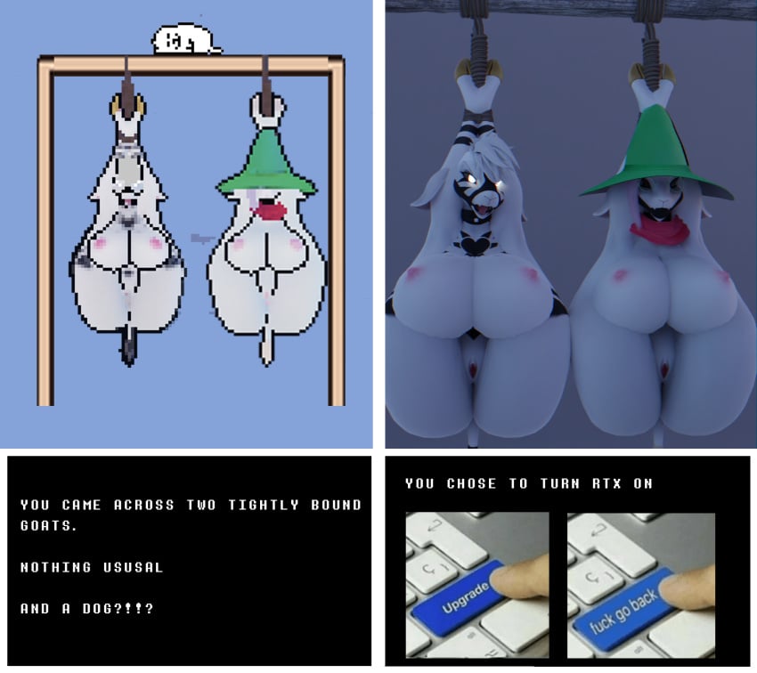 2girls 4k 9:16 anthro arms_above_head asriel_dreemurr ass ball_gag big_ball_gag big_breasts blindfold bodily_fluids bondage bound bovid breasts caprine cement deltarune english_text female female_asriel flexible folded forced gag gagged genitals ghostoast goat group hair hi_res kidnapping legs_behind_head legs_up mammal meme multiple_girls nipples nude pussy ralsei rtx_on rule_63 sheep simple_background suspension undertale undertale_(series) video_games