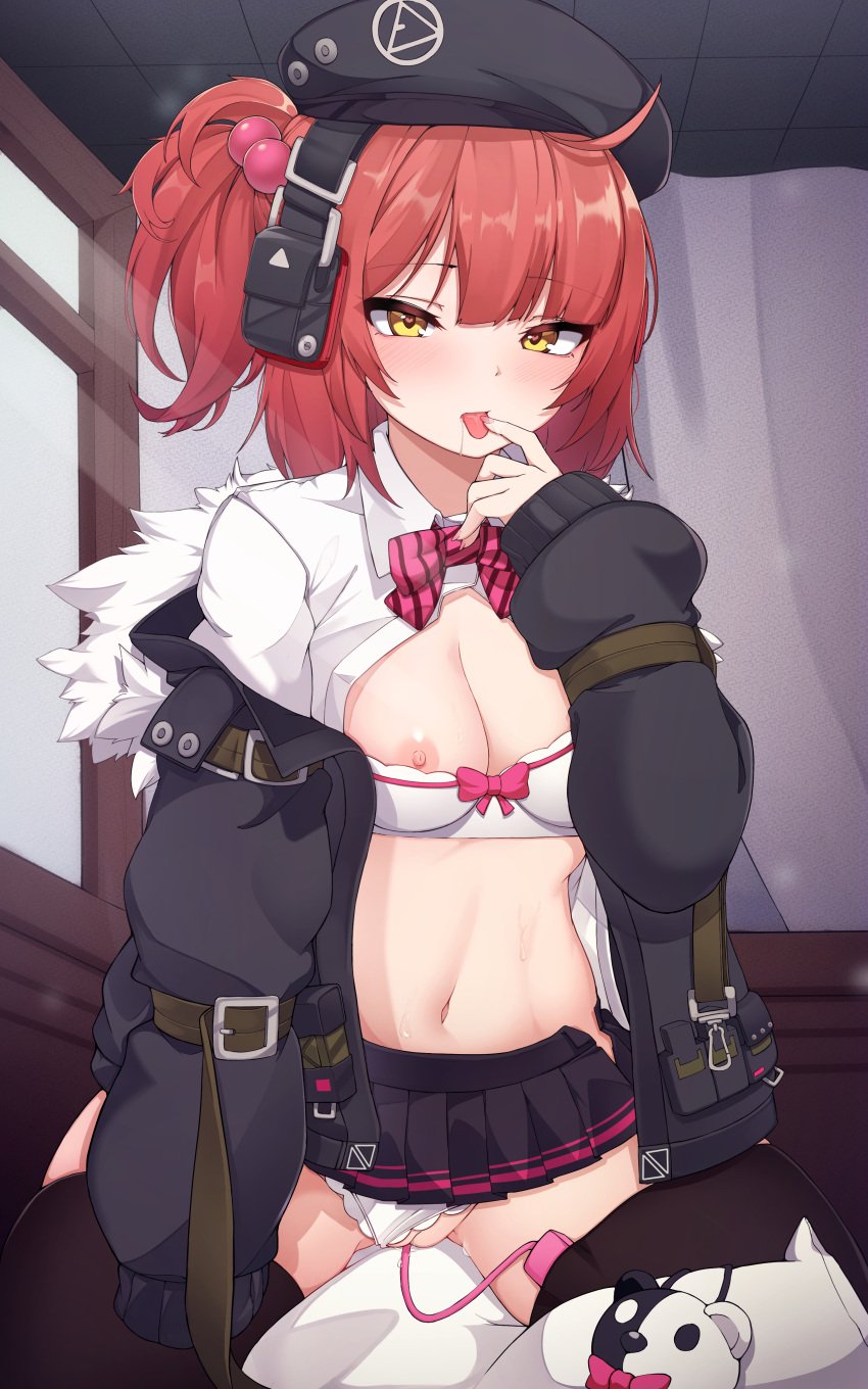 5danny1206 absurdres beret black_headwear black_jacket black_legwear black_skirt bow bowtie bra bra_pull clothes_pull clothing_aside commission female girls'_frontline hat headphones highres jacket long_sleeves microskirt mp7_(girls'_frontline) navel nipples one_side_up open_clothes open_jacket open_shirt panties panties_aside pink_bow pink_bowtie pleated_skirt pussy_juice red_hair remote_control_vibrator sex_toy shirt skirt solo striped striped_bow striped_bowtie sweat thighhighs underwear vibrator vibrator_cord vibrator_in_thighhighs white_bra white_panties white_shirt yellow_eyes