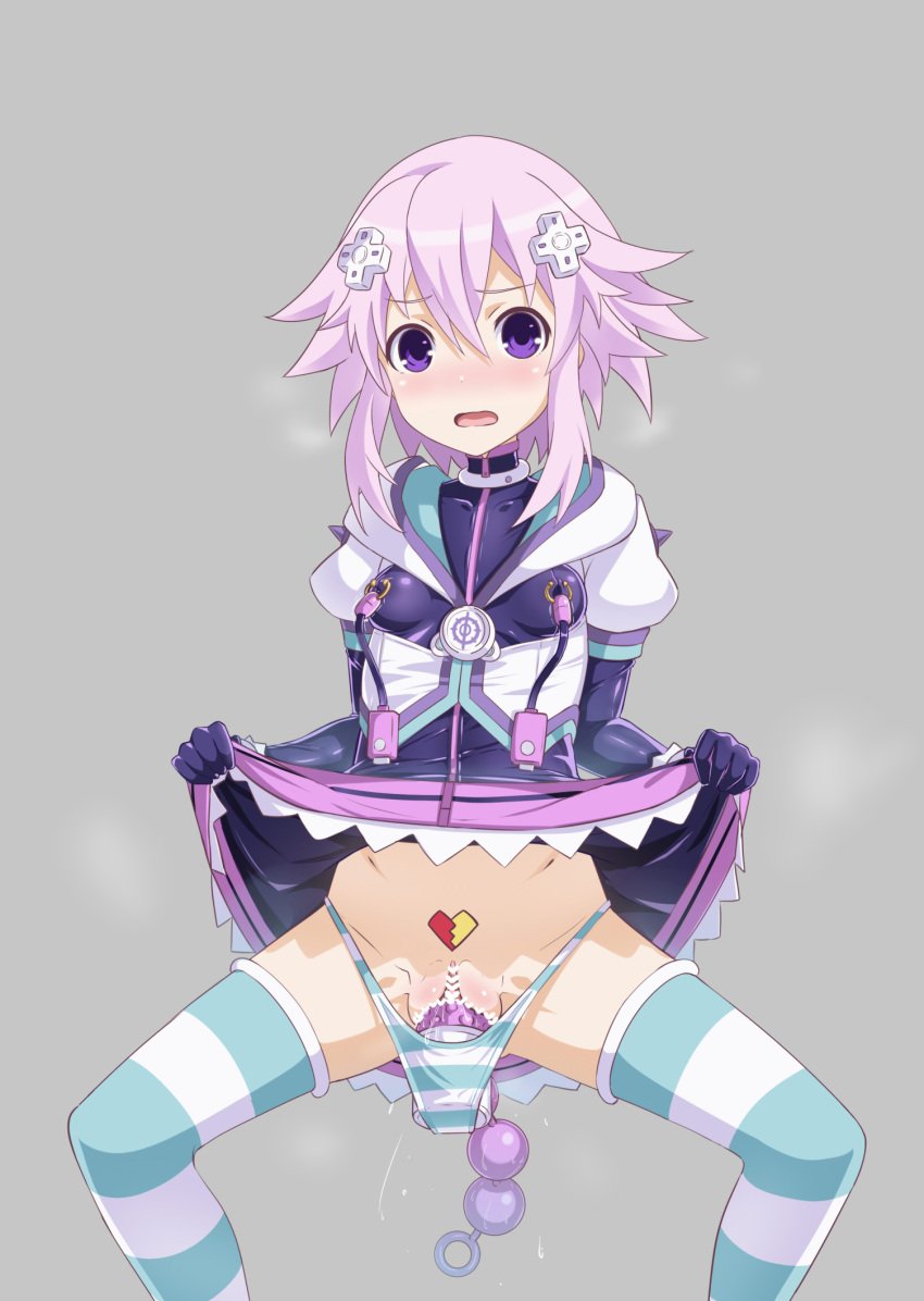 anal_beads blush bodysuit bodysuit_under_clothes choker corruption d-pad d-pad_hair_ornament dildo dress eyebrows_visible_through_hair female gozaru hair_between_eyes hair_ornament highres kami_jigen_game_neptune_v looking_at_viewer medium_hair mind_control neptune_(neptunia) neptunia_(series) open_mouth purple_dress purple_eyes purple_hair sex_toy short_sleeves sidelocks simple_background solo spread_legs vest