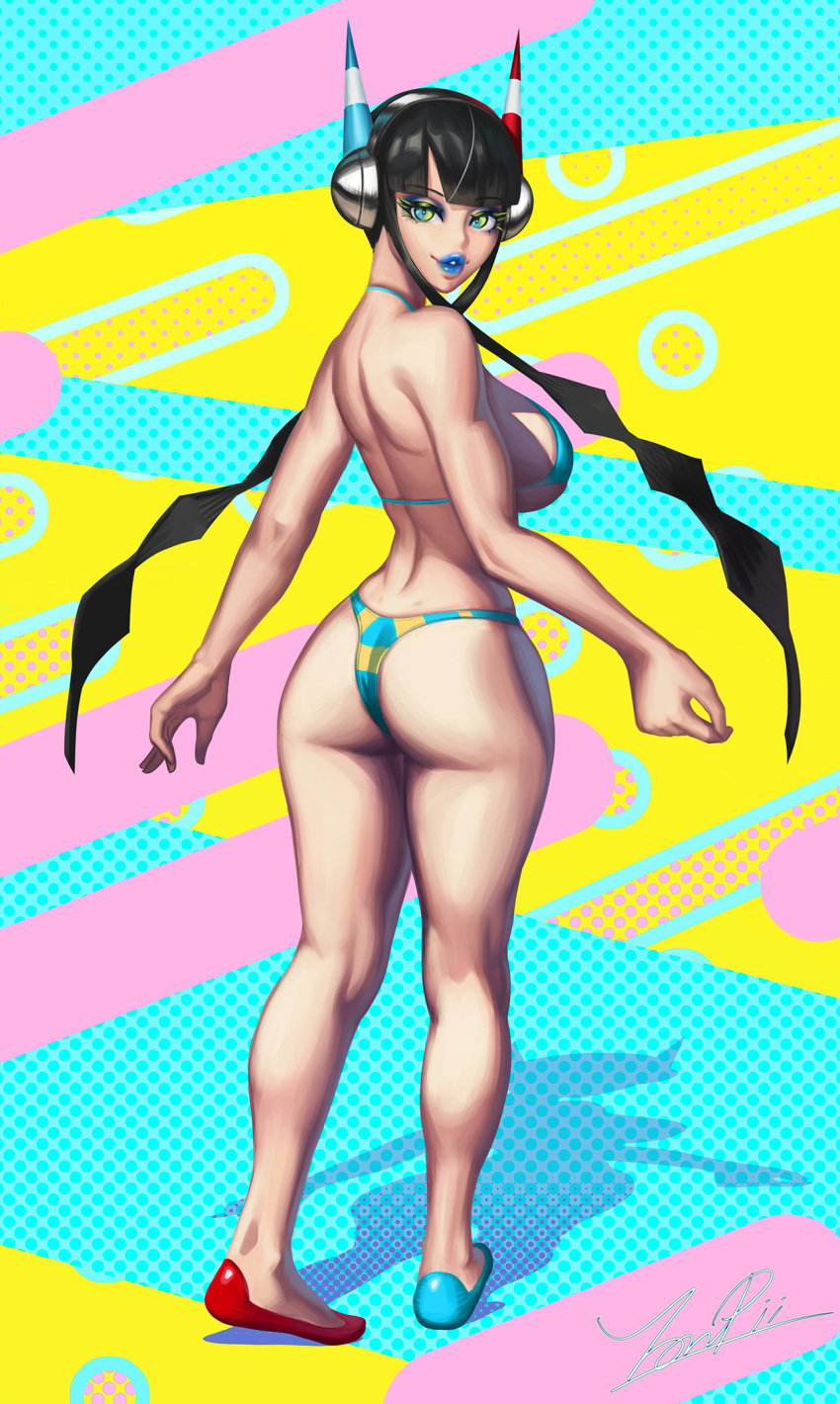 1girls ass big_breasts bikini blue_lipstick breasts elesa_(pokemon) eyeshadow female_only flats headphones large_breasts lipstick looking_at_viewer looking_back makeup nintendo pokemon pokemon_bw pokemon_bw2 sideboob solo standing thick_thighs thighs twintails yonpii