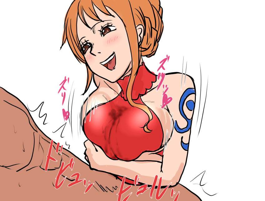 1girls arm_tattoo big_breasts blush boobjob brown_eyes clothed cum cum_stain cum_under_clothes eyelashes female hair_bun happy_sex head_tilt heart huge_breasts iwao178 long_hair loving_gaze male nami nude one_piece open_mouth orange_hair outercourse paizuri paizuri_under_clothes penis_hug red_dress sleeveless sleeveless_dress smile smiling tattoo titjob turtleneck_dress white_background whole_cake_island