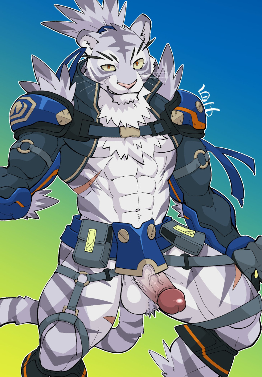 1boy 41raco abs animal_ears bara body_fur chest_hair erection feet_out_of_frame furry furry_male grey_fur highres kirupi male male_focus male_only male_pubic_hair muscular muscular_male navel navel_hair nimbus_(world_flipper) nipples no_male_underwear orange_eyes pectorals penis pubic_hair shrug_(clothing) sidepec snout solo stomach thick_thighs thighs tied_hair tiger_boy tiger_ears uncensored veins veiny_penis white_fur world_flipper