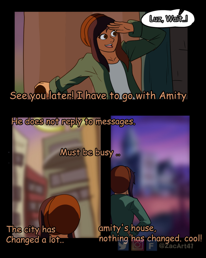 1girls amity_blight comic comic_page disney english_text fancomic female female_only hunter_(the_owl_house) luz_noceda ship solo straight_hair text the_owl_house zacart41