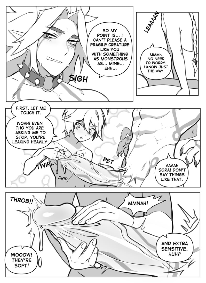 aether_(genshin_impact) arataki_itto barbed_penis better_version_at_source big_penis body_markings comic femboy gay genshin_impact greyscale handjob himbo male male_only matemi monochrome muscular muscular_male nude penis precum size_difference spiked_collar twitter_sample veiny_penis yaoi
