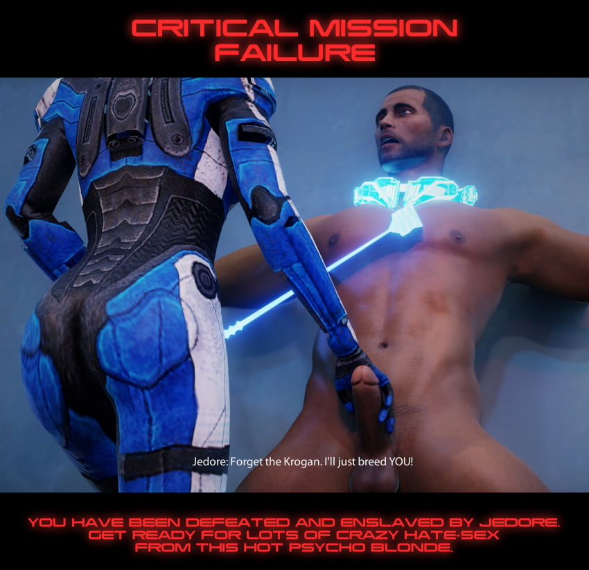 1boy 1girls 3d armor arms ass bad_end blender blue_eyes blue_suns bondage bound cfnm clothed_female_nude_male collar commander_shepard defeat defeated female game_over grabbing_penis hand_on_penis hi_res highres holding_penis imminent_rape imminent_sex jedore legs male male/female maleshep malesub mass_effect muscular muscular_male muscular_sub penis reverse_rape riding_crop shocked shocked_expression slave text vg05