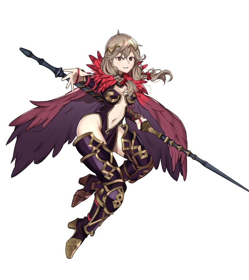 absurdres alternate_costume armor armored_boots armored_dress boots braid breasts brown_eyes cape circlet cleavage clothing_cutout ebinku eyebrows_visible_through_hair faye_(fire_emblem) feathers female fire_emblem fire_emblem_echoes:_shadows_of_valentia full_body happy_female harrier_(fire_emblem) high_heel_boots high_heels highres light_brown_hair looking_at_viewer medium_breasts medium_hair navel navel_cutout nintendo outstretched_hand pelvic_curtain polearm purple_legwear sidelocks simple_background smile solo thigh_boots thighhighs thighs twin_braids weapon white_background