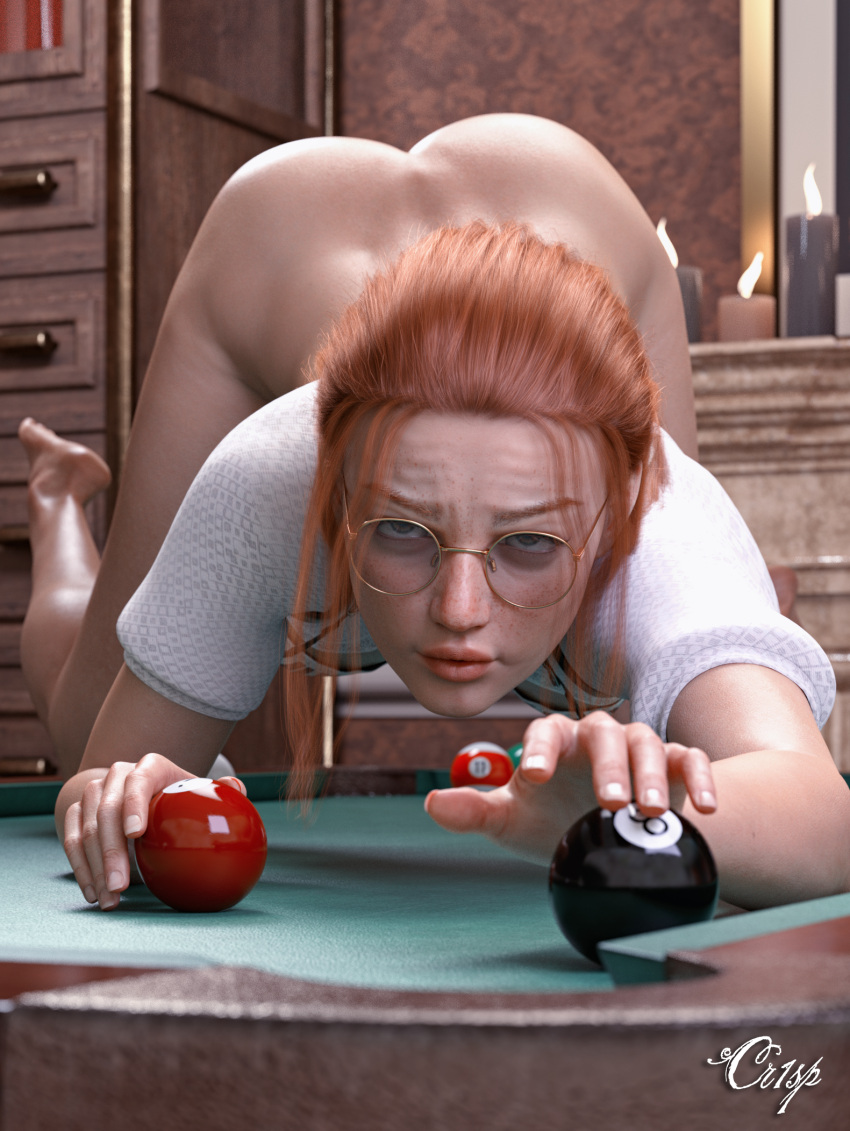 1girls 3d 8_ball all_fours bangs_pinned_back barefoot billiard_ball billiards bloem_(cr1sp) bottomless bottomless_female candle candles cr1sp depth_of_field eight_ball face_down_ass_up facing_viewer female female_only front_view full_body glasses indoors looking_at_viewer orange_hair pinup pool_ball pool_table red_hair redhead round_glasses shirt short_sleeves slushe_(website) solo solo_female straight-on white_shirt