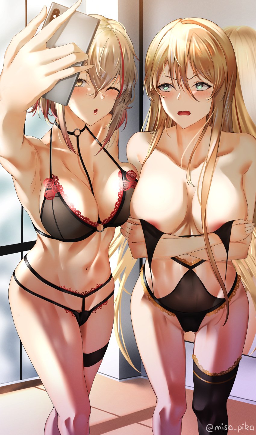 2girls absurdres areola_slip areolae armpits ass_visible_through_thighs azur_lane bismarck_(azur_lane) black_bra black_legwear black_panties blonde_hair blue_eyes blush bra breasts cellphone choker duo duo_focus female female_focus female_only hair_between_eyes highres holding holding_phone indoors large_breasts long_hair medium_hair misa_pika multicolored_hair multiple_girls o-ring o-ring_choker one_eye_closed panties phone red_hair reflection roon_(azur_lane) selfie single_thighhigh smartphone standing streaked_hair thighhighs two-tone_hair underwear very_long_hair yellow_eyes