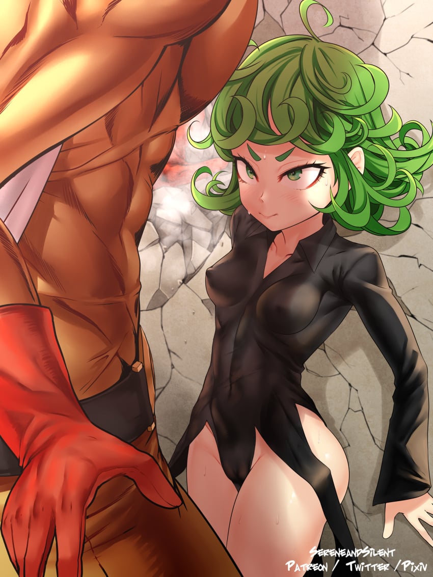 1boy 1girls against_wall breasts green_hair muscular_male one-punch_man pokies saitama sereneandsilent small_breasts smaller_female standing tatsumaki