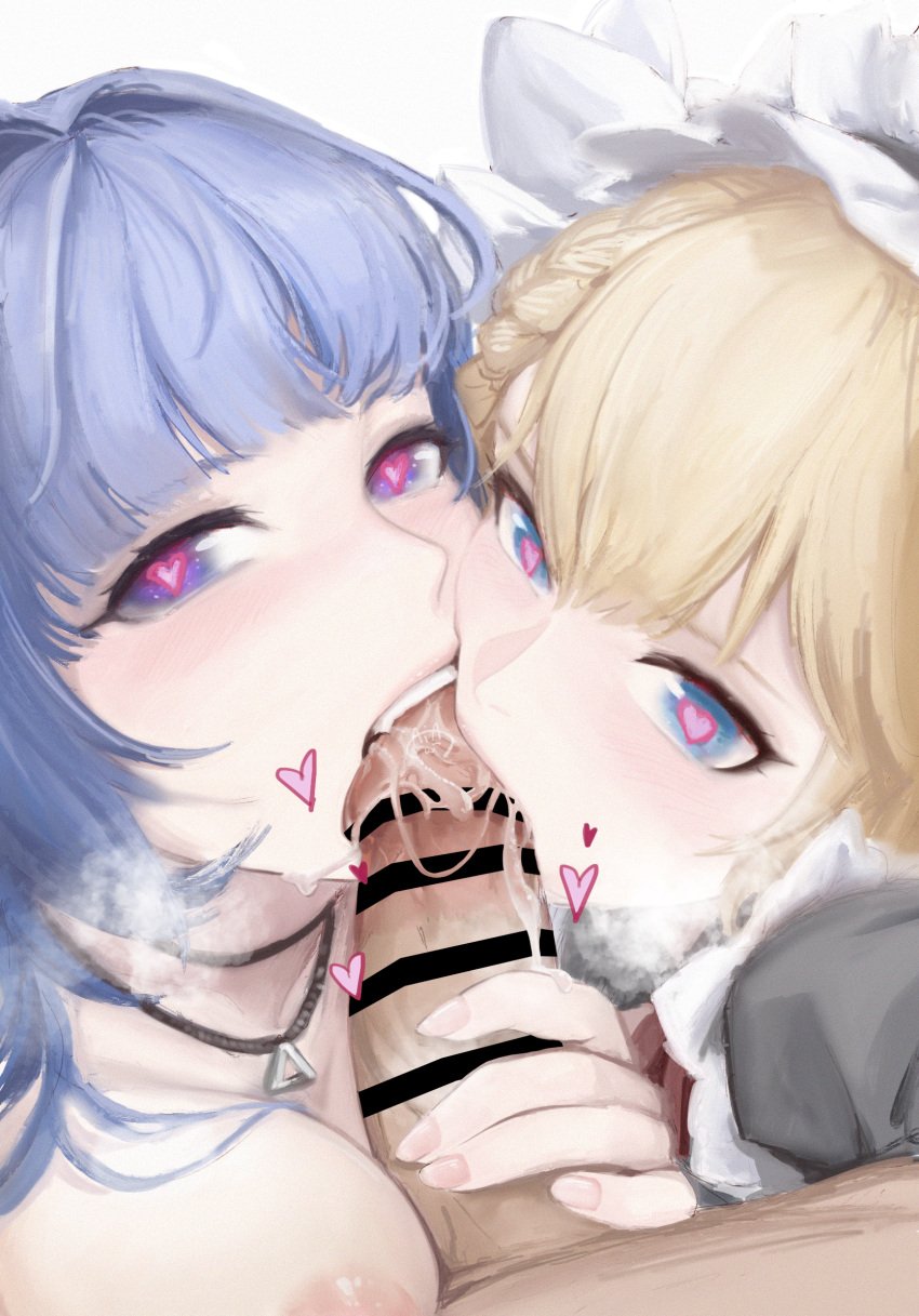 1boy 2girls aia_(pixiv15077492) areolae bar_censor blonde_hair blue_eyes blue_hair braid breasts censored centaureissi_(girls'_frontline_nc) chinese_commentary close-up collaborative_fellatio commentary_request cum cum_in_mouth fellatio ffm_threesome g36_(girls'_frontline) girls'_frontline girls'_frontline_neural_cloud group_sex heart heart-shaped_pupils highres hubble_(girls'_frontline_nc) jewelry light-skinned_female light-skinned_male light_skin looking_at_viewer maid_headdress multiple_fellatio multiple_girls necklace oral penis purple_eyes simple_background straight symbol-shaped_pupils teamwork threesome white_background