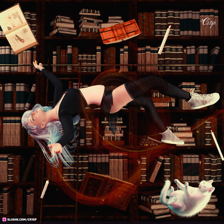 1girls 3d book bookshelf clothed clothing cr1sp female female_only gray_hair grey_hair indoors levitating levitation long_hair magic midair panties pinup side_view skirt slushe_(website) small_breasts solo solo_female tagme thighhighs white_hair white_panties