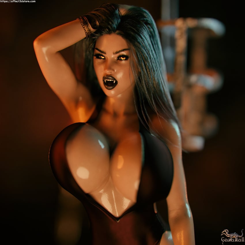 1girls 3d black_hair clothed clothing dress fangs female female_only gazukull glowing_eyes huge_breasts jessenia_(gazukull) long_hair looking_at_viewer pinup red_dress sharp_teeth slushe_(website) solo solo_female vampire wet wet_body wet_skin