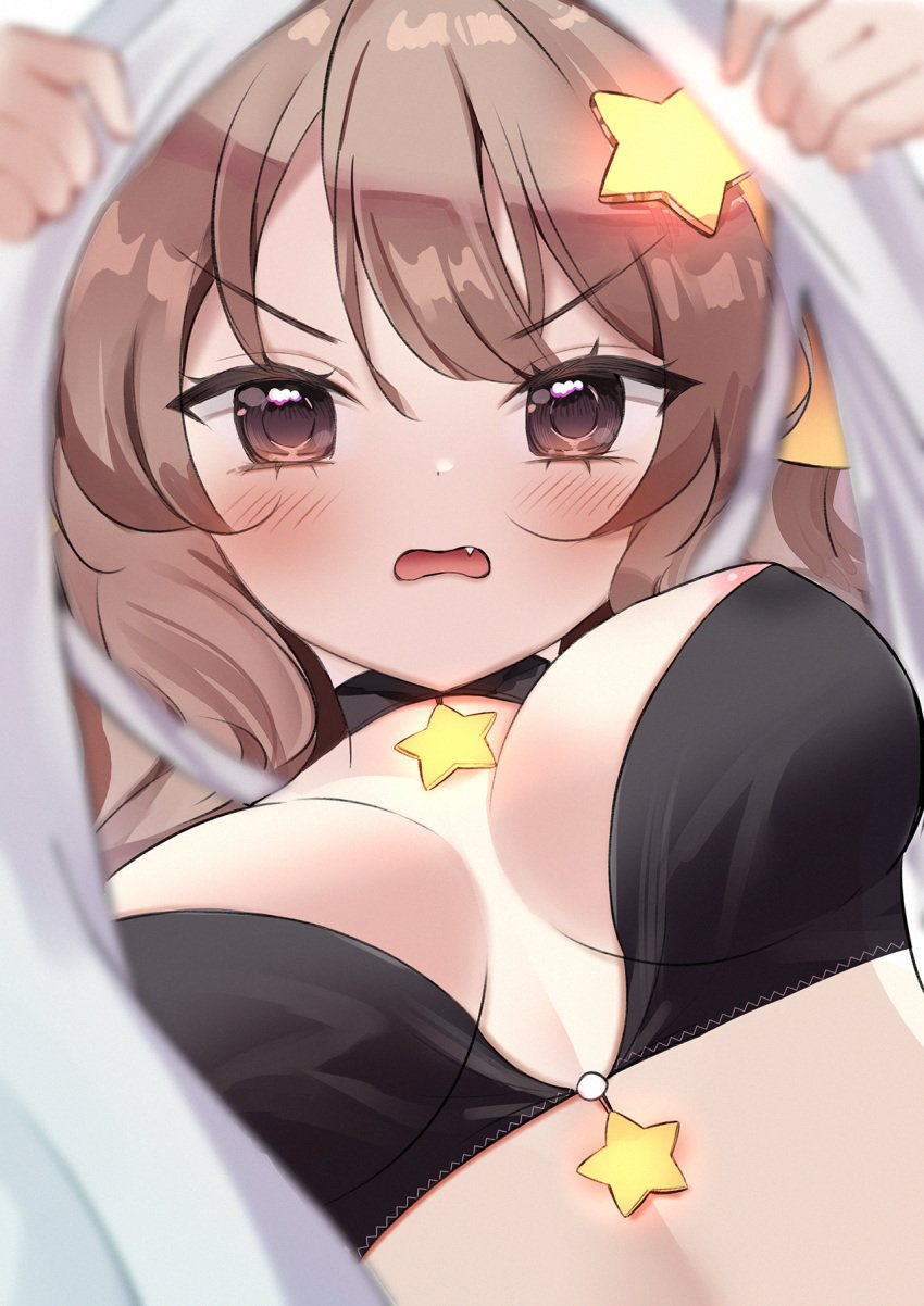 1girls anny_(artist) annytf blush bra breasts brown_hair choker eyebrows_visible_through_hair fox_ears fox_girl from_below light-skinned_female light_skin looking_at_viewer nipple_slip solo star star_hair_ornament virtual_youtuber