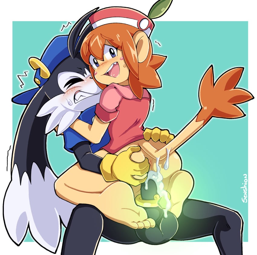 anthro ass_grab clenched_teeth cock_ring cum_in_pussy cum_inside ejaculation klonoa klonoa_(series) lolo_(klonoa) monkey_girl partially_clothed reverse_cowgirl_position senshion shaking