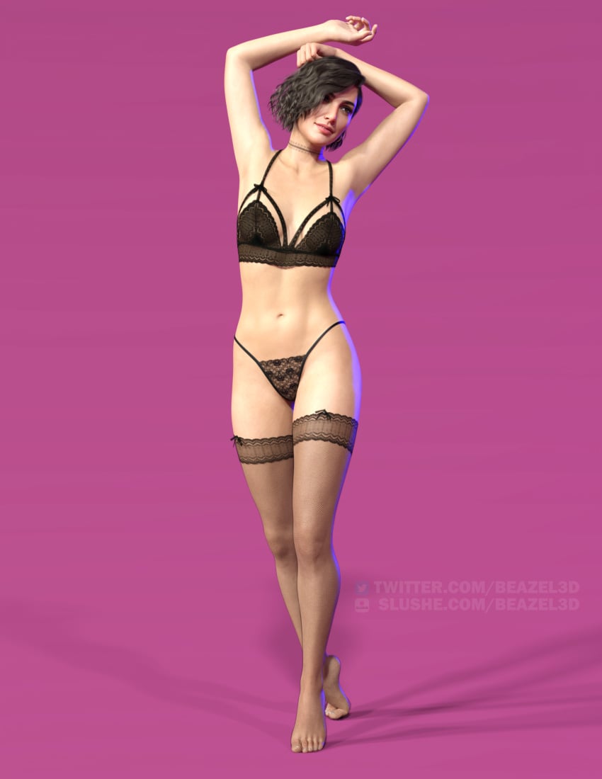 1girls 3d arms_up beazel3d black_hair cute female female_only lingerie pinup short_hair simple_background slushe_(website) small_breasts solid_color_background solo solo_female standing