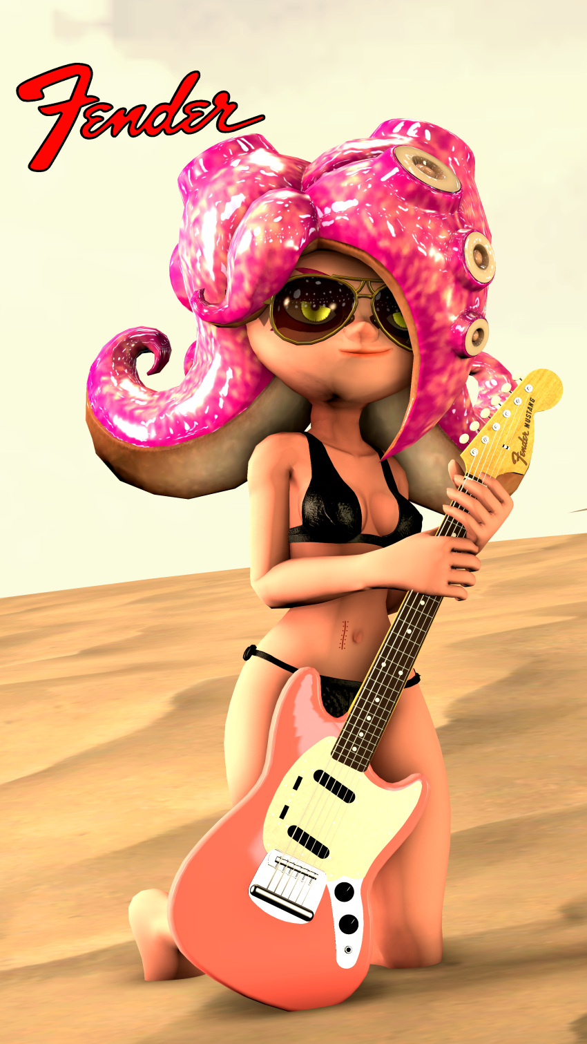 3d 4k absurd_res bikini black_bikini black_bra black_panties desti_(smg4) electric_guitar fender_(brand) fender_mustang glasses guitar holding_object looking_at_viewer octoling octoling_girl on_knees pink_hair poster sand scar sfm smg4 smiling smiling_at_viewer source_filmmaker splatoon splatoon_2 stitches yellow_eyes