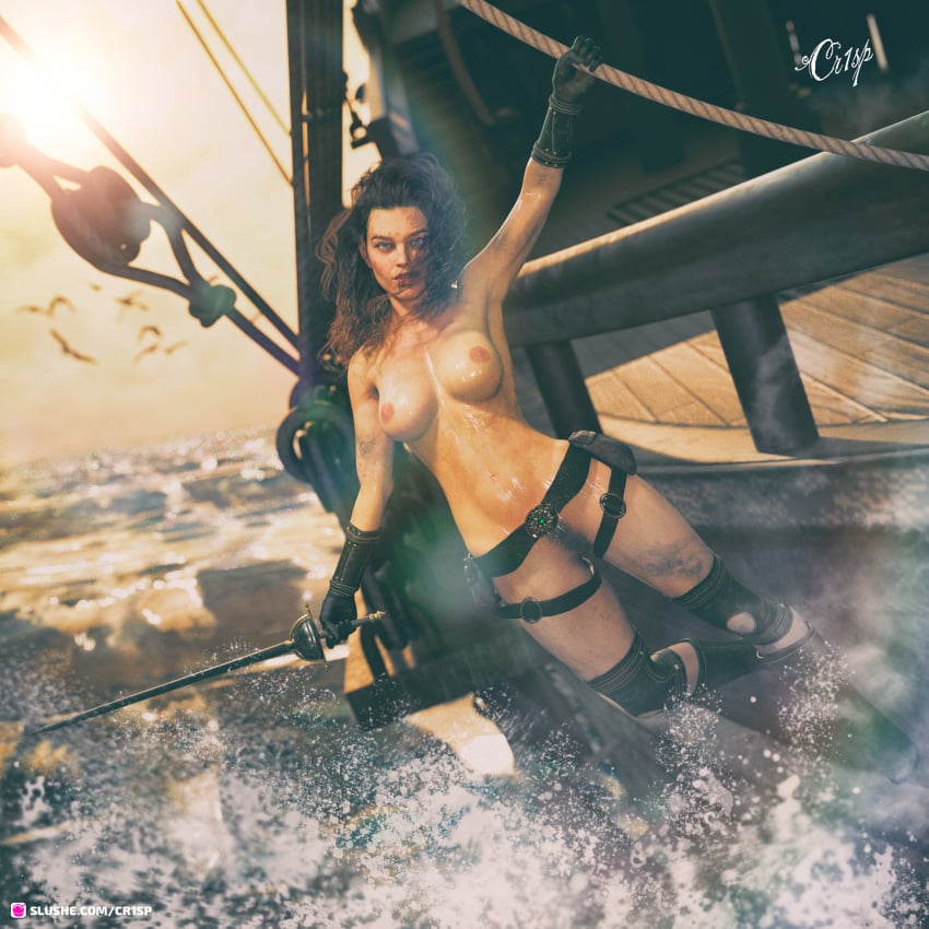 1girls 3d boat boots brown_hair brown_pubic_hair cr1sp cutlass female female_only front_view gloves large_breasts long_hair looking_at_viewer nude nude_female outdoor outdoor_nudity outdoors outside pinup pirate pirate_girl pubic_hair sailor sea ship slushe_(website) solo solo_female sword tagme water