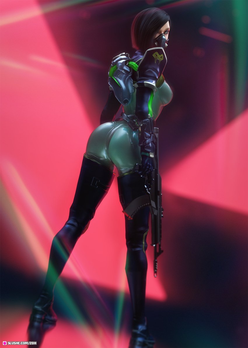 1girls 3d armor ass black_hair bob_cut bodysuit brown_hair butt dat_ass eyeshadow female female_only green_eyes gun looking_at_viewer looking_back mask medium_breasts medium_hair pale-skinned_female petite pinup presenting_ass purple_eyeshadow riot_games sci-fi science_fiction short_hair slushe_(website) solo solo_female standing therealzoh thigh_boots valorant viper_(valorant) zoh