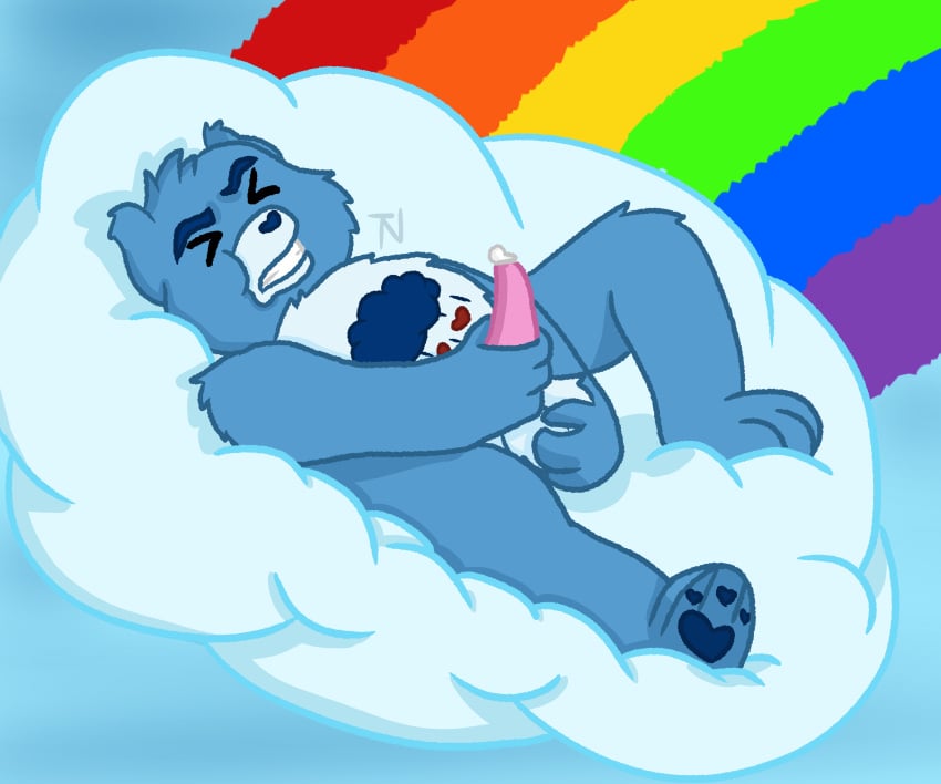 2021 absurd_res anthro balls belly belly_badge belly_markings blue_and_white blue_body blue_fur bodily_fluids care_bears closed_eyes cloud colored cum digital_drawing_(artwork) digital_media_(artwork) erection fist fur genital_fluids genitals grumpy_bear heart hi_res lying male mammal markings masturbation monochrome nude on_back penis rainbow shaded signature simple_background solo taurinite ursid watermark