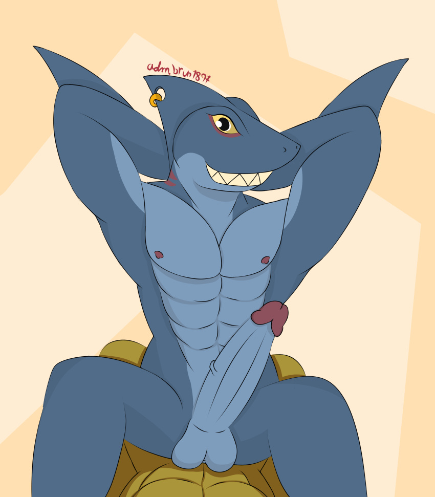 2021 abs admiralbruh1897 anal anal_sex anthro blue_body canid canine digital_media_(artwork) duo fish flexing forsburn genitals hands_behind_head hi_res looking_at_viewer male male/male mammal marine multicolored_body muscular muscular_anthro muscular_male nipples obscured_penetration pecs penetration penis rivals_of_aether shark sharp_teeth signature slade_(dungeons_of_aether) smile teeth video_games yellow_eyes