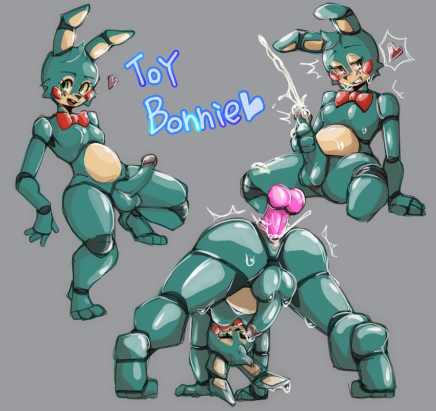 anal balls bayonet_(artist) bodily_fluids cum disembodied_penis femboy five_nights_at_freddy's five_nights_at_freddy's_2 genital_fluids genitals girly grey_background heart hi_res lagomorph leporid male male/male male_only mammal penis rabbit simple_background sweat toy_bonnie_(fnaf) video_games