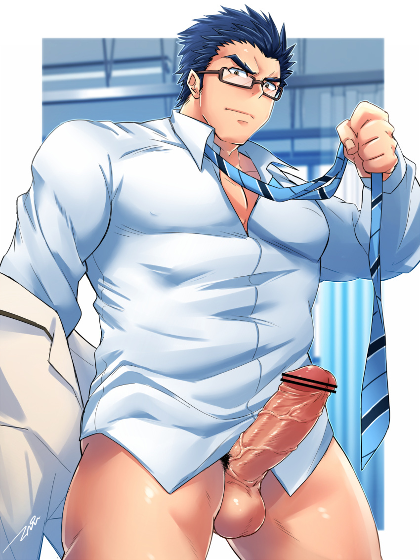 1boy bar_censor bara blue_necktie bottomless business_suit censored collared_shirt covered_nipples dress_shirt erection formal glasses hair_slicked_back highres large_pectorals large_penis looking_at_viewer male male_focus male_only male_pubic_hair mature_male muscular muscular_male necktie original partially_clothed partially_unbuttoned pectoral_cleavage pectorals penis pubic_hair reward_available salaryman shirt short_hair sideburns solo suit tepen_(tptptpn) thick_eyebrows thick_thighs thighs undone_necktie undressing veins veiny_penis