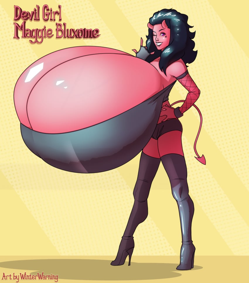 big_breasts black_hair demon_girl devil_girl devil_horns devil_tail fishnet_armwear gigantic_breasts high_heel_boots high_heels horns huge_breasts hyper_breasts leather_boots maggie_bluxome_(artist) massive_breasts red_skin second_life thigh_highs top_heavy winterwarning