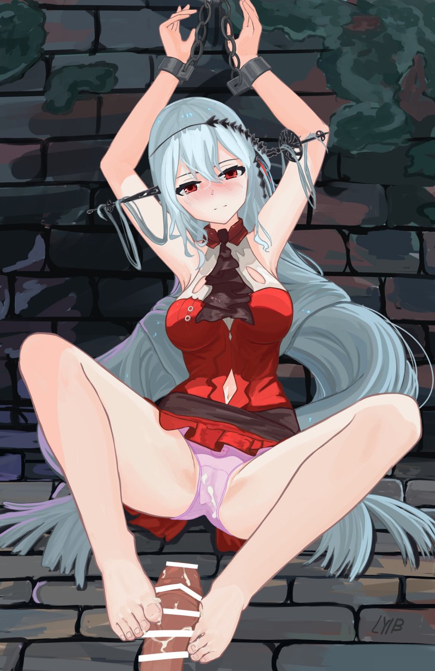 absurdres arknights armpit_cutout bare_legs barefoot blush breasts censored clothing_cutout cuffs cum cum_on_clothes dress feet female footjob highres large_breasts long_hair lyib md5_mismatch panties pink_panties red_dress red_eyes red_skirt self_upload shackles silver_hair skadi_(arknights) skadi_the_corrupting_heart_(arknights) skirt underwear very_long_hair white_hair