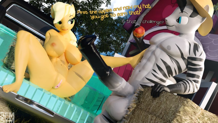 16:9 1boy 1girls 3d_(artwork) anthro applejack_(mlp) ass balls big_breasts big_butt breasts completely_nude completely_nude_female digital_media_(artwork) duo equid equine erection eye_contact female friendship_is_magic full_body genitals hasbro hi_res huge_breasts huge_butt looking_at_another male male/female mammal my_little_pony naked naked_female nipples nude nude_female penis pussy smile smooth_skin symm widescreen zebra zebra_(male)_(mlp)